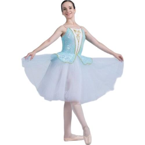 Pale blue sequin lace Bodice with Tulle mid-length Romantic Ballet Tutu Girl & Women Dancewear Ballet Tutu with gold trim