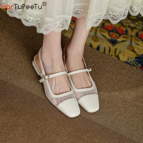 Retro Mary Jane Flats Shoes Women Summer 2021 Genuine Leather Sandals Patchwork Fishing Net Design Buckle Elegant Footwear