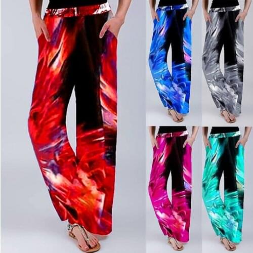 New Women Hot Summer Winter Spring Casual Loose Floral Ruffles Elastic Waist Pocket Sport Printed Long Full Pants