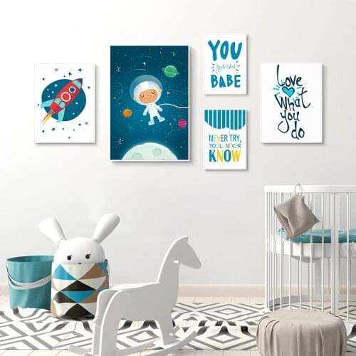 Blue Cartoon Planet Rocket Astronaut Canvas Painting Art Print Nursery Wall Posters Nordic Wall Pictures Boy Room Decoration