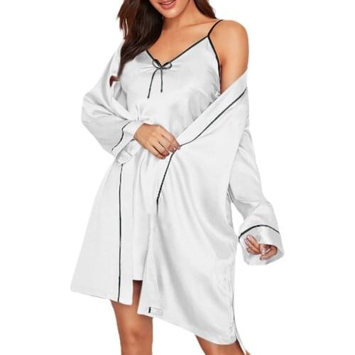 New Women Ladies Sling Nightwear Lace-up Bathrobe Bowknot Stain Long-Sleeve Coat 2pcs Bedroom Sleeping Suit White Black Red Blue