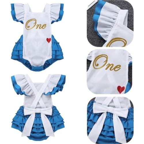 Infant Baby Girls 1ST Birthday Romper Bodysuit Toddler Girls Flutter Sleeves Letters One Sweet-heart Printed Costumes Bodysuit