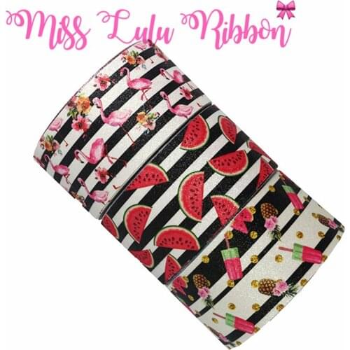 3"75mm Summer Series Watermelon Flamingo Pineapple Shiny Glitter Leather Fabric Ribbon DIY Gift Bowknots Hair Band 50yards/roll