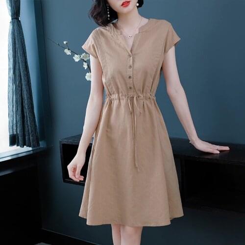 Summer Plus Size Button Lace Up Folds Short Sleeve V-Neck A-Line Elegant Vintage Simple Women Daily Wear Cocktail Dresses 9629