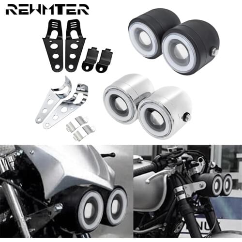 Motorcycle Black/Chrome Twin Dual Headlight Double Amber Light W/ Mounting Bracket Support For Harley Cafe Racer Softail Fat Boy