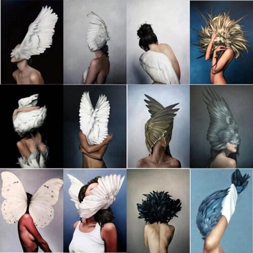 Wall Art Floral Wing Feather Woman Abstract Fashion Lady Head Flower Canvas Painting Printed Modular Pictures Beauty Home Decor