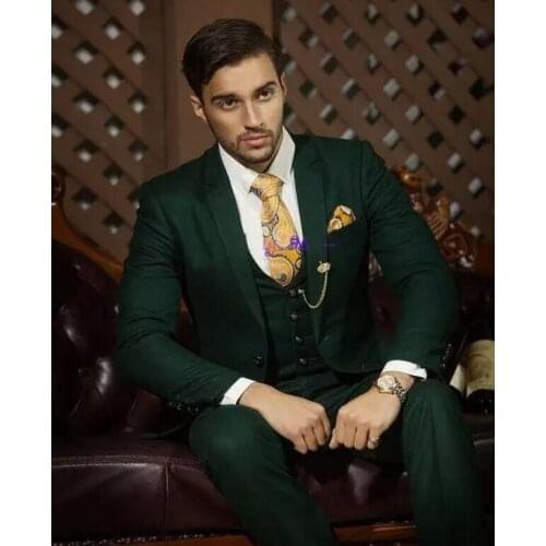 New color Hot Recommend Dark hunter Green Groom Tuxedos Notch Lapel Men Blazer Prom Suit Business Suit (Jacket+Pants+Vest+T