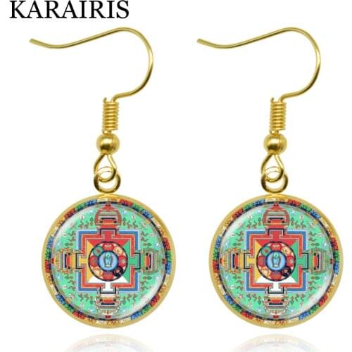 KARAIRIS New Buddhist Sri Yantra Mandala Earrings Sacred Geometry Glass Cabochon Dangle Hook Earrings For Women Girls Jewelry