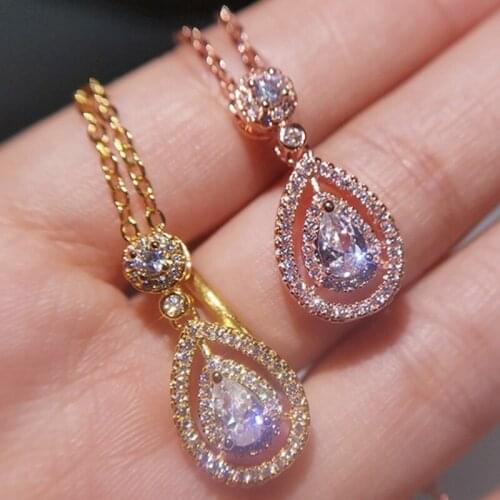 Gold Silver Color Water Drop Pendant Necklace Luxury Female Crystal Shiny Cubic Zirconia Necklaces Fashion Wedding Party Jewelry