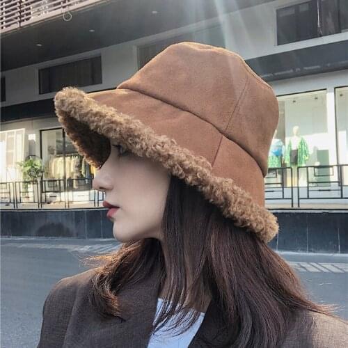 Lamb Wool Winter Women Bucket Hat Solid Color Thick Warm Plush Fisherman Cap Girls Faux Fur Ladies Panama Hat
