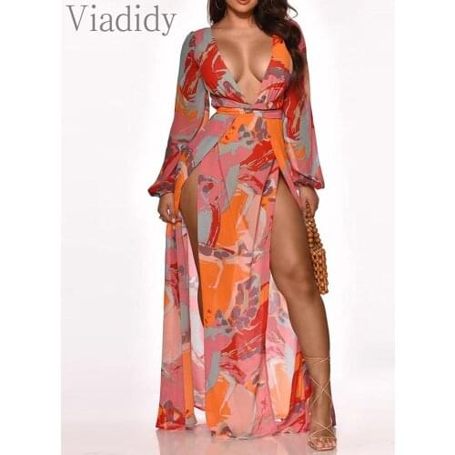 Colorblock High Slit Lantern Sleeve Maxi Dress Women Deep V-Neck Long Sleeved Asymmetry Beach Long Dresses