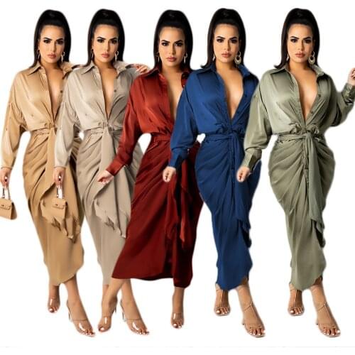 Fashion Streetwear Pleated Solid Long Women Dress Sexy Deep V Neck Long Sleeve Lace Up Bandage Fold Club Party Dress Robe Lounge