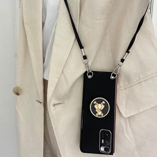 Luxury Fashion DIY Cute Cartoon Bear Stand Holder Black Skin Frosted Case Cover With Long Strap For Samsung Galaxy Z Fold 3 2 5G