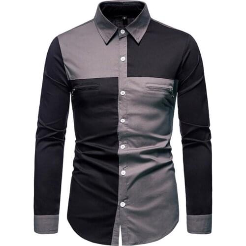 Spring Male Shirts Patchwork Long Sleeve Zipper Design Turn-down Collar Business Shirt Blouse Streetwear Four Seasons chemise ho