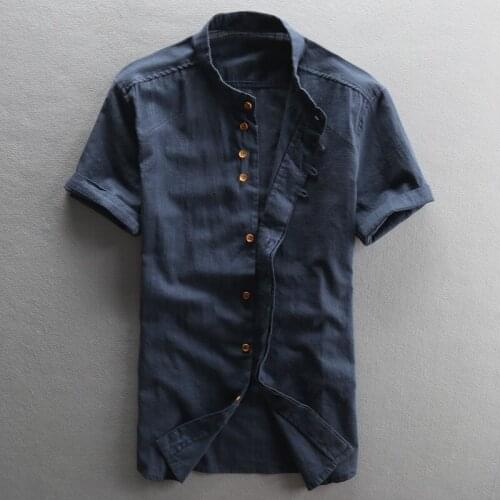 Mens vintage Mandarin collar short sleeves cotton linen white blue style thin summer shirt men casual shirts male