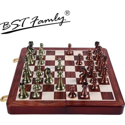 Chess Set Kirsite Metal Chess Pieces King Height 67mm Wooden Folding Chessboard Portable Chess Game for Kids Adult for Gift I6
