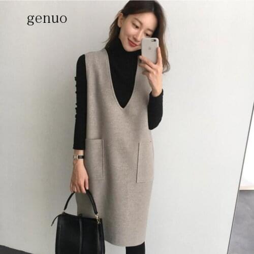 Woolen Vest Womens Autumn And Winter 2019 New Mid-length Loose-Fit Jumper Dress Base Dress Set Two-Piece Set