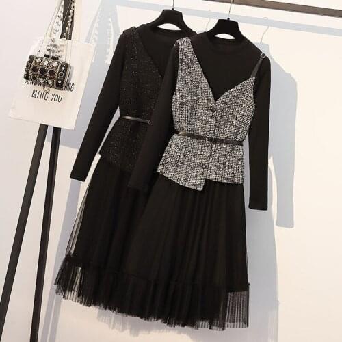 Spring Autumn Dress 2021 New Korean Popular Women Dress Belt Slim Waist Dress Temperament Light Mature Style Two Piece Set s745