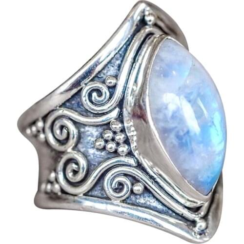 Vintage Tibetan Big Healing Crystal Rings For Women Man Boho Antique Indian Moonstone Ring Fine Jewelry Girls Ladies Gifts