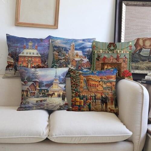 Vintage Christmas Decorative Sofa Throw Pillow Cover Nordic Exotic Traditional Building Style Cotton Linen Decor Cushion Cover
