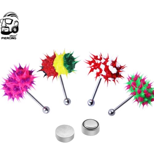 New Producct Fashion Women Men Body Piercing Jewelry Colorful Rock Personality Vibrating Tongue Ring With 2 Batteries