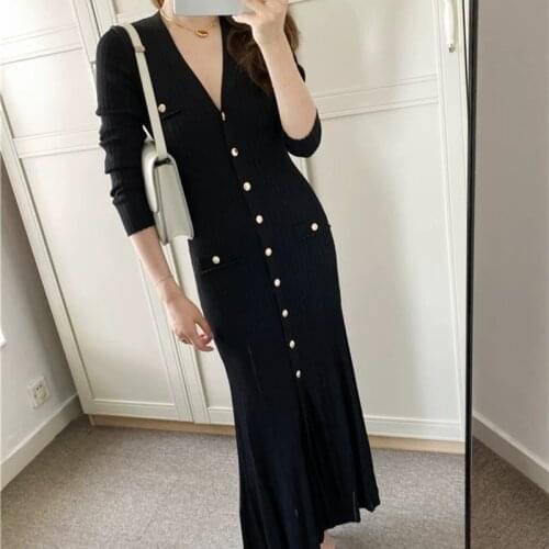 Womens Autumn Black Dress V-neck Comfortable Knitted Casual Office Ladies Dress