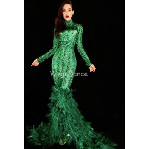 Women Singer Sexy Dress Green Rhinestones Feather Dress Womens Birthday Celebrate Long Dress Evening Party