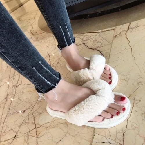 Winter Fashion Women Home Slippers Faux Fur Warm Shoes Woman Slip on Flats Female Fur Flip Flops Shoes Pink Plus Size 36-41