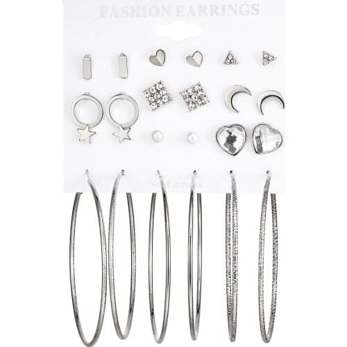 2018 12 Pairs Pack Set Brincos Mixed Stud Earrings For Women Crystal Moon Heart Star Ear Studs Fashion Jewelry NEW