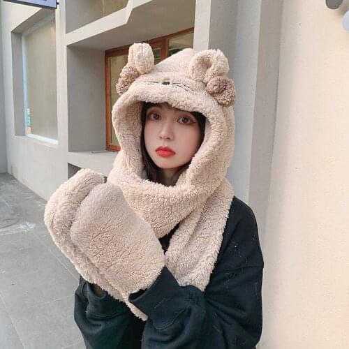 2021 fashion winter womens new Qi bean cap warm cute tiger ear casual plush hat scarf set casual pure women hats show