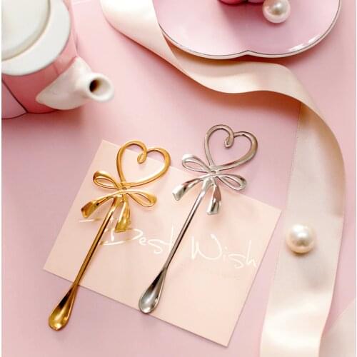 3D Bow Knot Heart Shaped Mini Coffee Spoon Tea Dessert Spoon Hanging Spoon Glod Silver Spoon Stainless Steel Flatware