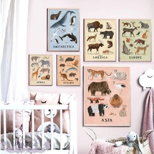 Antarctica Africa Europe Asia Africa Animals Distribution Canvas Painting Nordic Educational Poster Wall Art Pictures Kids Room