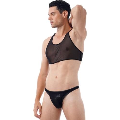 Men Mesh Pajama Suit See-through Plus Size Two-Piece Exotic Sets Lingerie Set Loungewear Cropped Tank Top with Low Waist Thongs