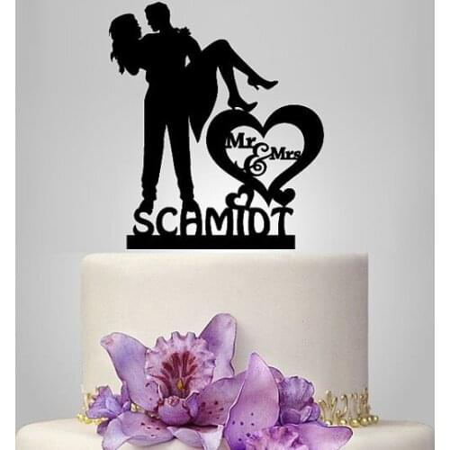 Elegant personalize wedding cake topper Mr and Mrs with silhouette personalize last Name