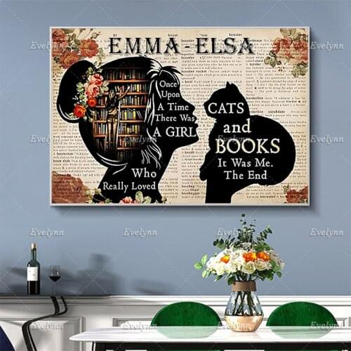Personalized ReadingOnceUpon A Time Loved Cats Poster,Book Lover Gift,Girl Cat Wall Art Prints Home Decor Canvas Floating Frame
