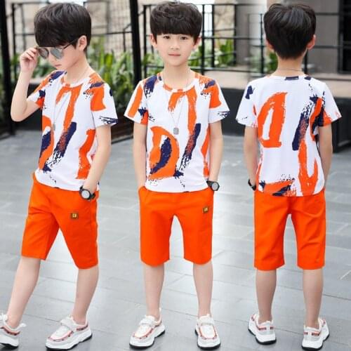 Summer Children Clothing Sets Tracksuit For Boys Cotton T-shirt +Pants Hip Hop Dance Two Pieces 2pcs Set 6 8 10 11 12 Years Old