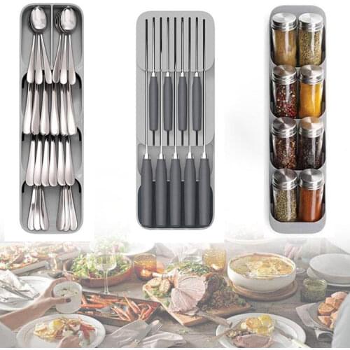Kitchen Organizer Plastic Knife Block Holder Drawer Knives Fork Spoons Storage Rack Tray Knife Stand for Spice Cutlery Organizer