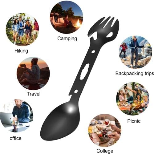 Spoon Fork Stainless Steel Black 18x4cm Multifunctional Camping Cookware Spoon Fork Bottle Opener Portable Tool Tableware