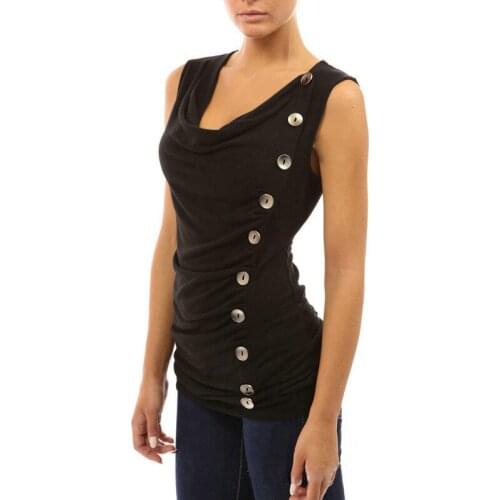 New Fashion Plus Size Women Summer Casual Slim V Neck Button Ladies Sleeveless Tops Black Shirt Tee Shirt Femme 2XL 3XL