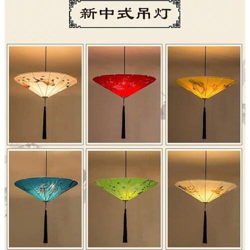 New Chinese Hand-painted Umbrella Pendant Lights Classical Modern Painting Fabric Hanging Lamps Teahouse Restaurant Fixtures
