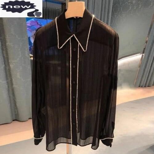 Office Elegant Black Chiffon Shirt Women Diamonds Splice Loose Fit Tops Transparent Single Breasted Female Lapel Casual Blouse