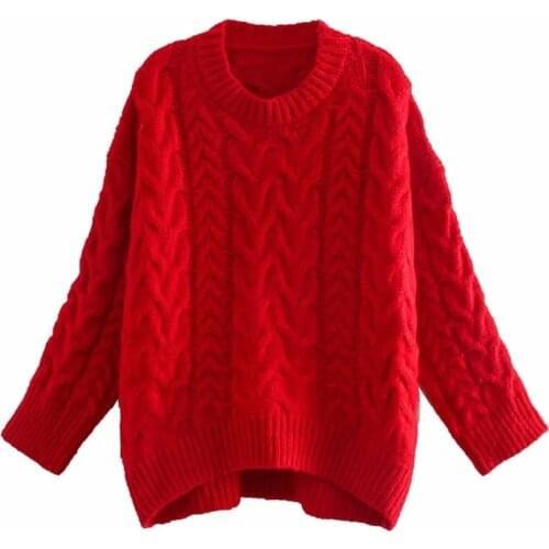 Autumn and Winter 2020 New Retro Lazy Red Twist Knit Sweater Loose Round Neck Pullover All-Match Top
