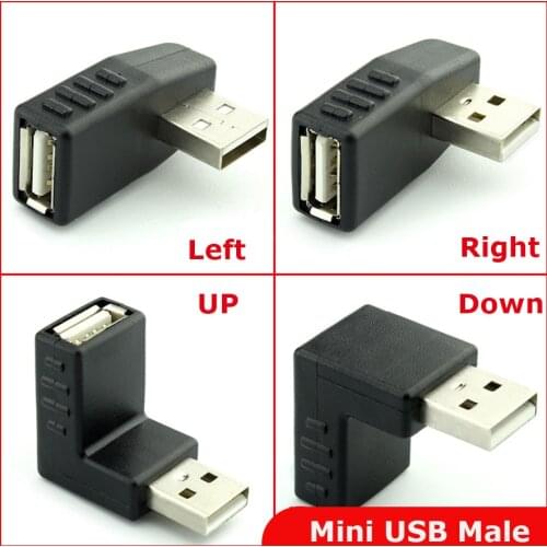 2pcs USB Female to Mini USB Male 90 Degree Down right Angle Left Angle UP OTG Adapter for Car AUX Tablet Black Right Left Down