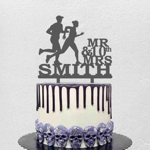 Personalized Wedding Anniversary Cake Topper Custom Mr Mrs Name Couple Running Silhouette 10th Anniversary Party Cake Decoration