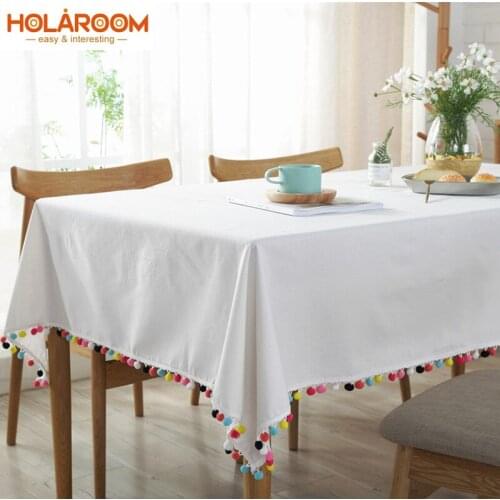 Nordic Simple Tablecloths White Table Cloth with Multicolor Tassel Ball Rectangle Tablecloth Home Kitchen Decoration Tablecloth