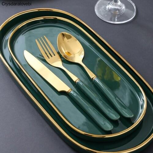 Nordic Western Plate Ceramic Steak Plates Dark Green Ceramic Cutlery Set Fish plate Dinner Dishes Flat Tray Bowl