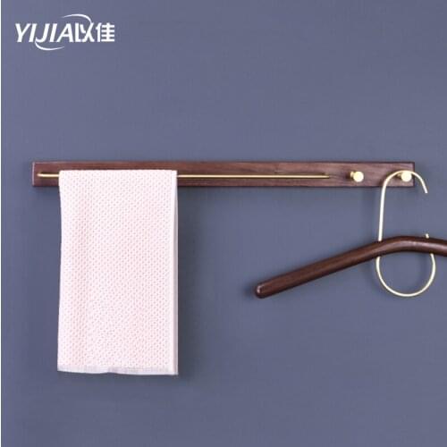 Bathroom solid wood towel rack bathroom wall hanging single pole towel rack Nordic bathroom brass hook rack