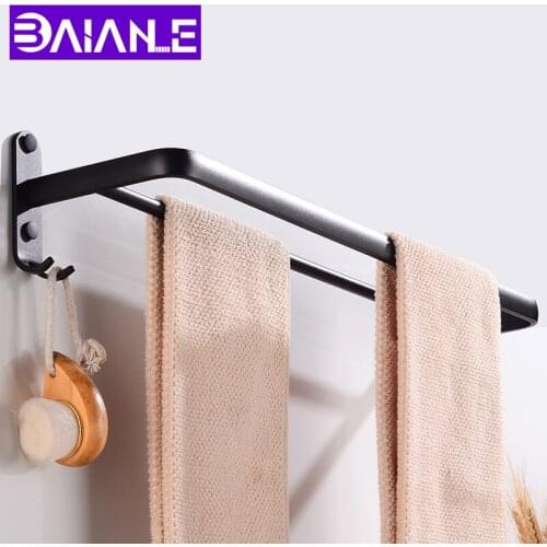 Bathroom Towel Rack Wall Mounted Double Towel Bar Holder Black Aluminum Towel Rail Hanger Rack with Hook Creative Storage Shelf