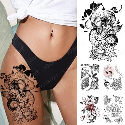 Waterproof Temporary Tattoo Sticker Dark Old School Snake Flower Flash Tattoos Black Lotus Body Art Arm Fake Tatoo Women Men