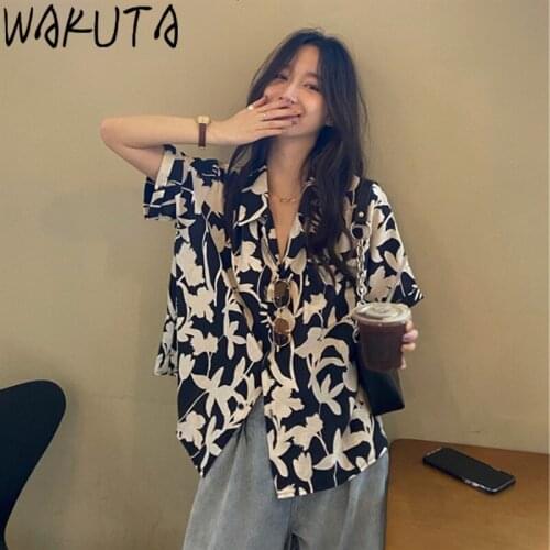 WAKUTA Casual Japanese Printing Shirt Women Summer 2021 Korean New Vintage Loose Leisure Short Sleeve Retro Blouses All Match